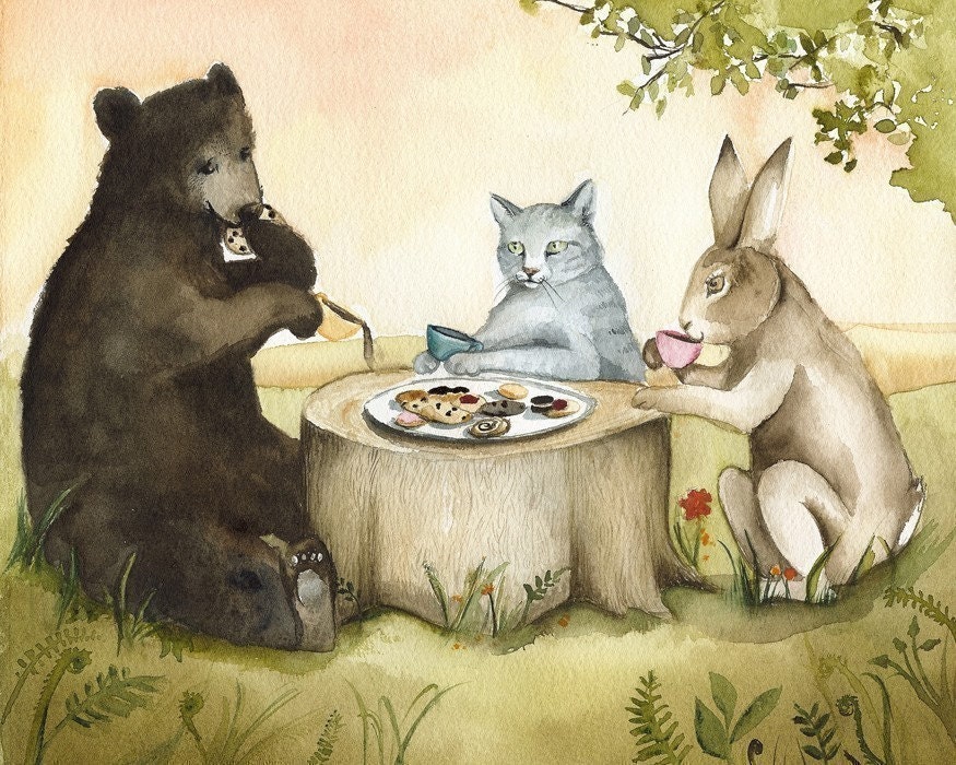 Tea Party, children, cat, bear, rabbit art, decor