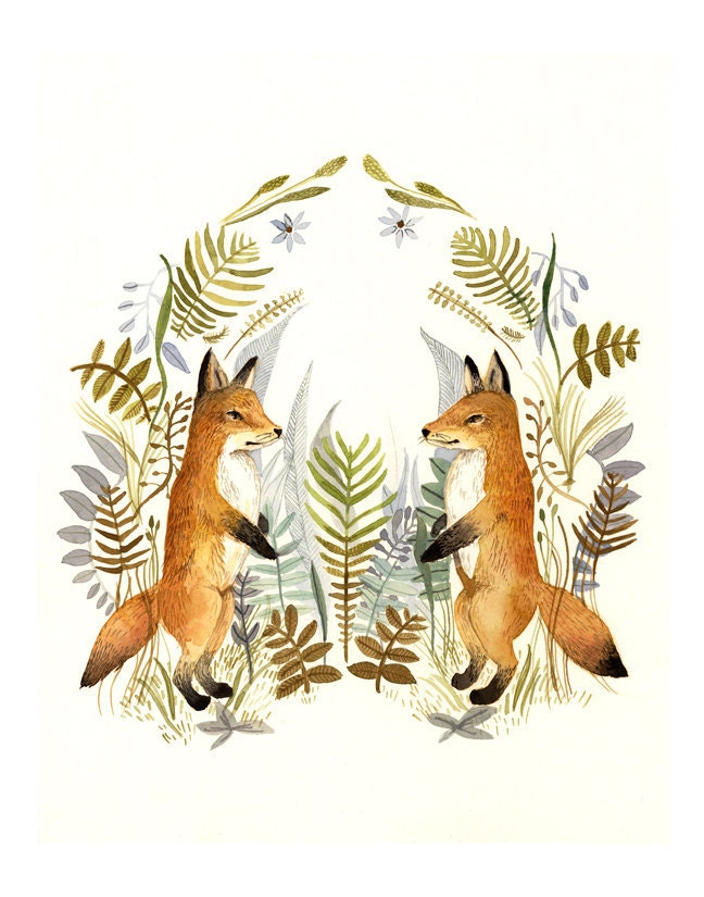 Foxes and Ferns print of watercolor