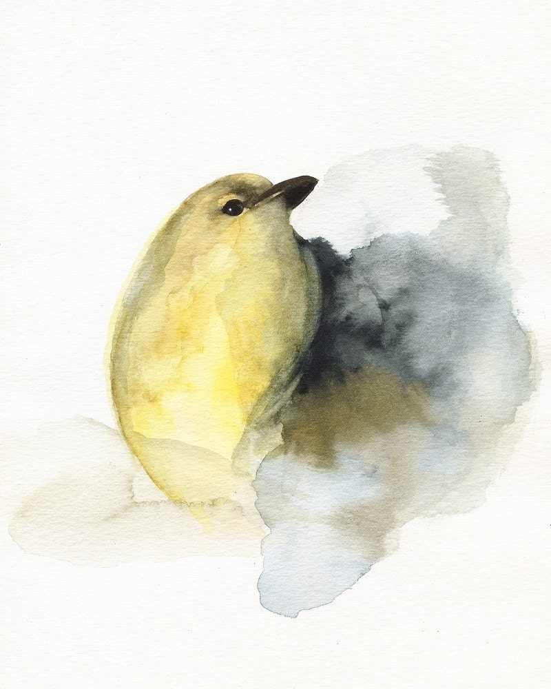 watercolor painting-bird watercolor-shabby chic decor, cottage, home, minimalist, white "Coal"  - yellow bird art,