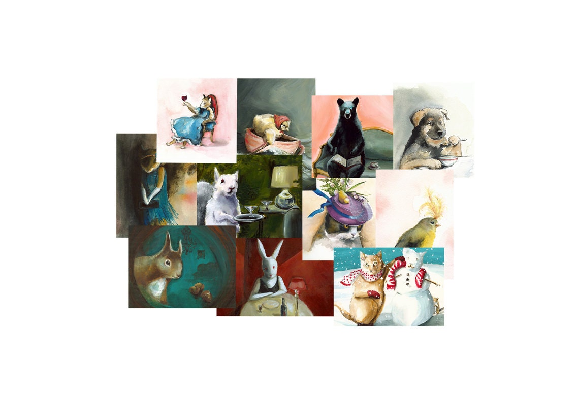 You Choose 5 cards-whimsical greeting cards, blank, animals