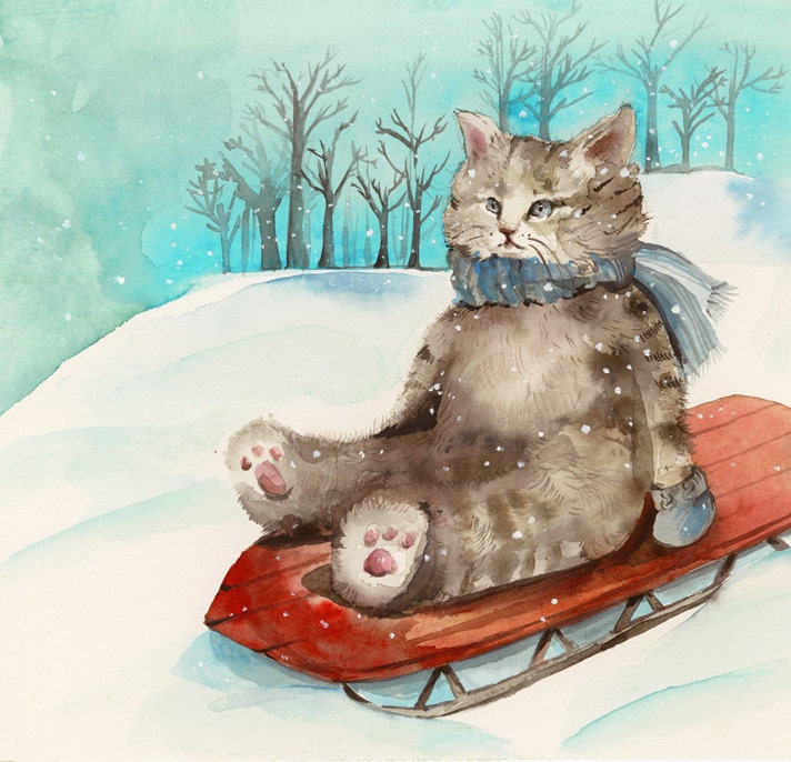 Sledding- Cat art, holiday, children, decor