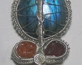 Faceted Moldavite gemstone, Orange Spessartine, Red Spessartite Garnet Crystal, large Labradorite cabochon Sterling Silver wire wrap necklace pendant with chain