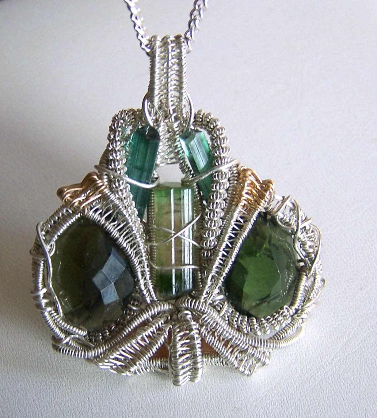 Moldavite Pendant - Crystal wire wrap - Watermelon Tourmaline - Bi Color - necklace - Faceted Moldavite Gemstone - Imperial Topaz