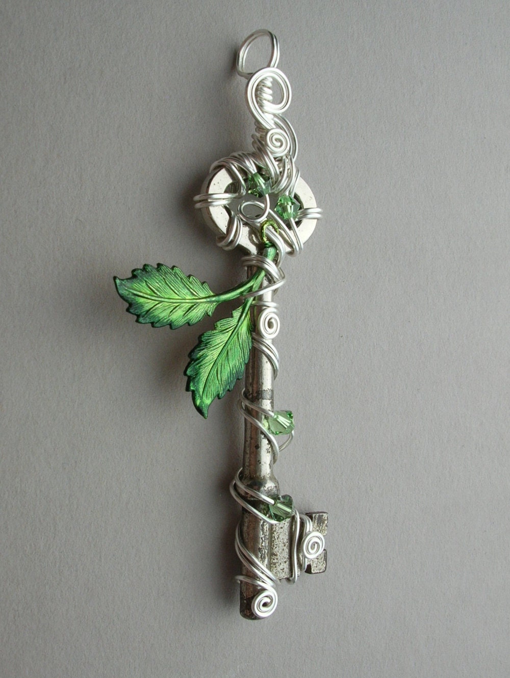 Spring Leaves Key Pendant -- Green Inked Birch Leaves Silver Wire Wrapped Key with Swarovski Crystals