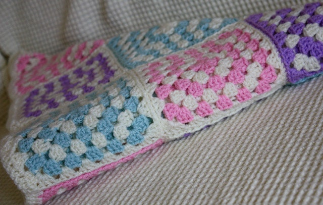 Crochet Baby Blanket Granny Square Pattern in Pink, Purple, Light Blue and Cream Made to Order