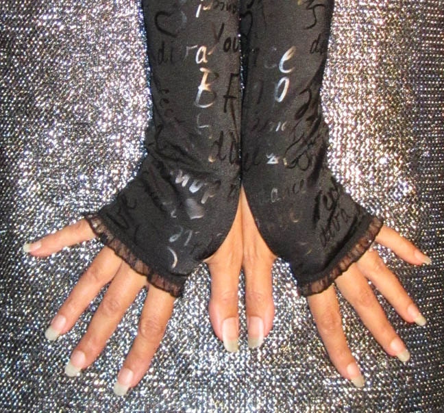 Black  w/  Lace & Words Arm Warmers -Gothic Dark Tribal Costume Yoga Cycling Emo Steampunk Fingerless Gloves