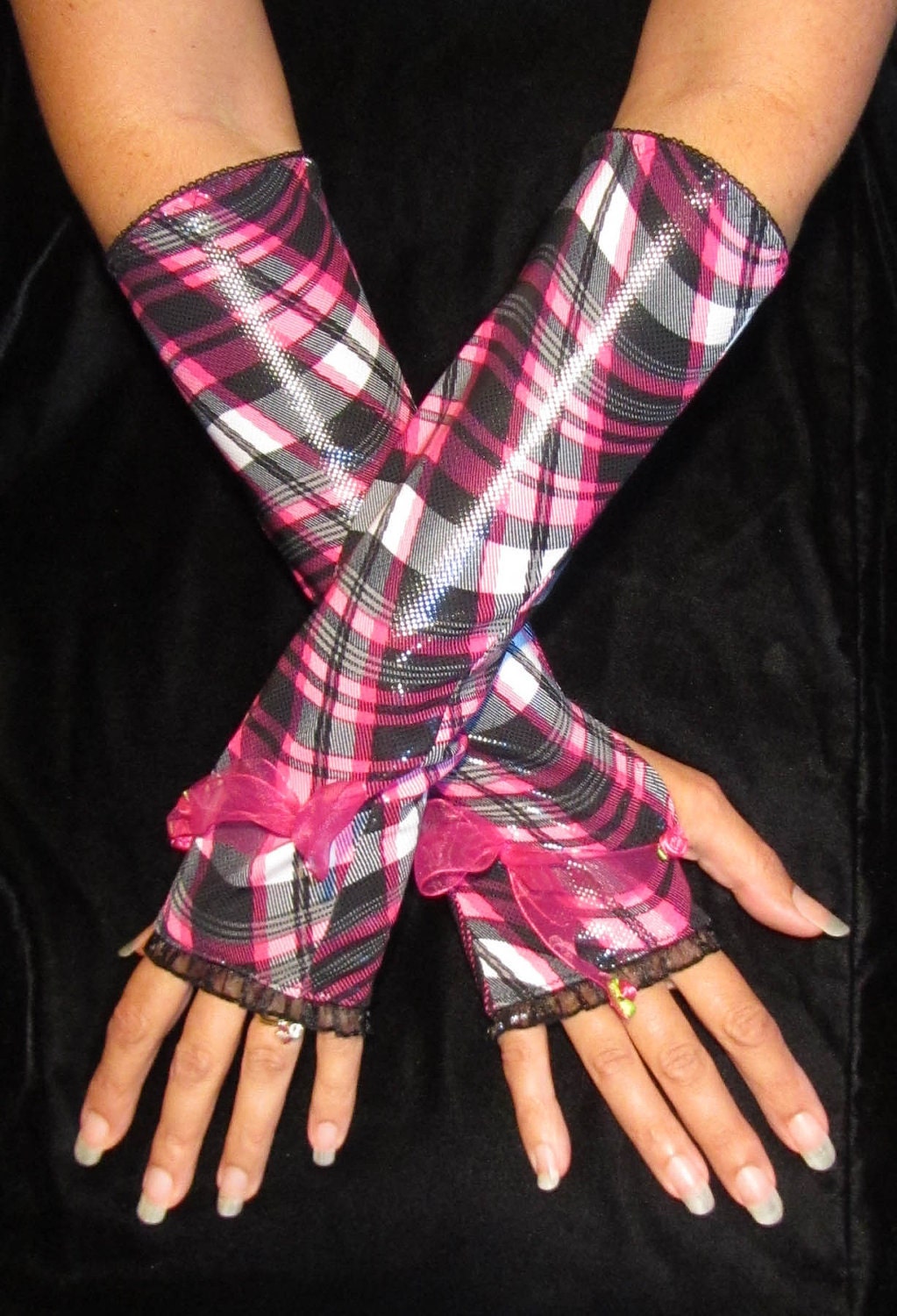 Plaid Pink & Black Arm Warmers -Gothic Dark Tribal Costume Yoga Cycling Emo Fingerless Gloves