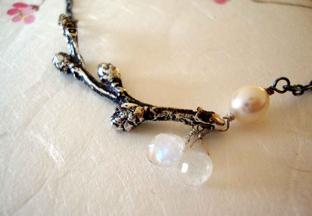 Mother- silver cherry blossom bud branch necklace with pearl and moonstone briolette drops- Mothers day gift