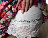 Yours Till Niagara Falls - white -  hand embroidered - full slip - lingerie - medium 34