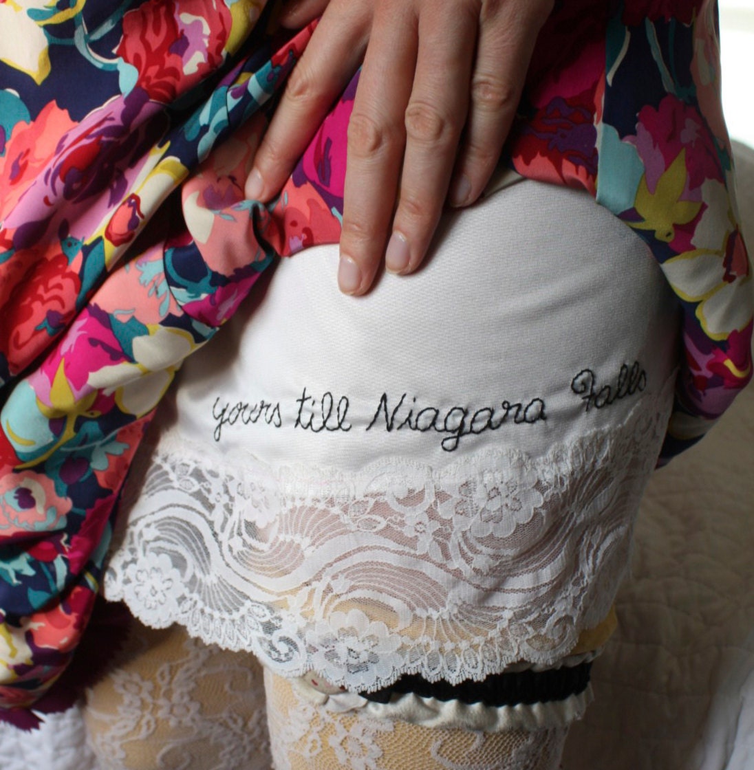 Yours Till Niagara Falls - white -  hand embroidered - full slip - lingerie - medium 34