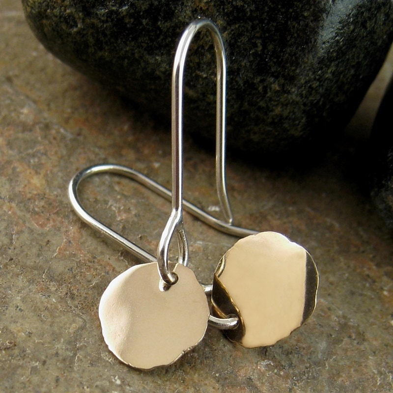14k gold sterling silver earrings. Solid gold earrings, dangle earrings. Mixed metal, contemporary modern jewelry