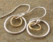 Minimalist Sterling Silver Earrings, Mixed Metal Silver & Gold Modern Dangle Earrings, Geometric Circle Earrings