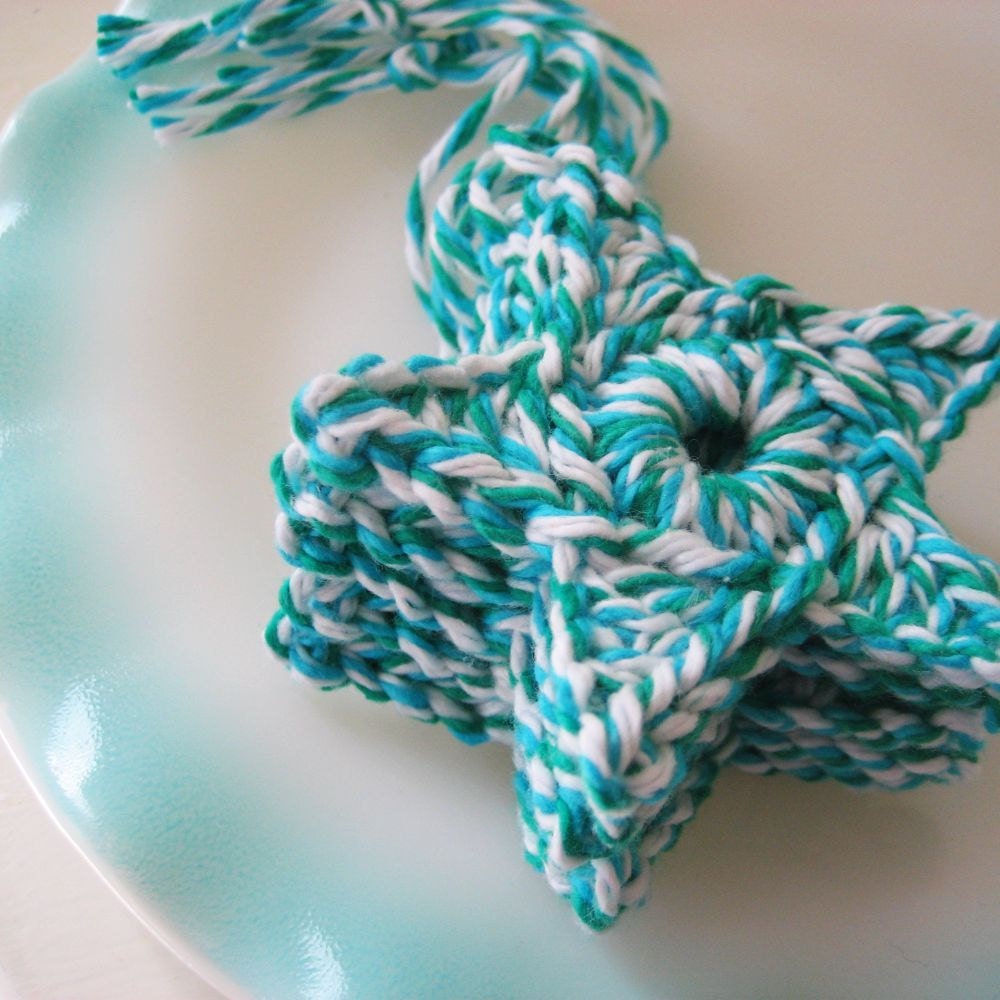 set of 5 cotton star ornaments (turquoise twist)