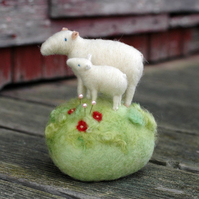Mama Sheep and her Lamb in a Meadow - Made to Order - Needle Felted Pincushion