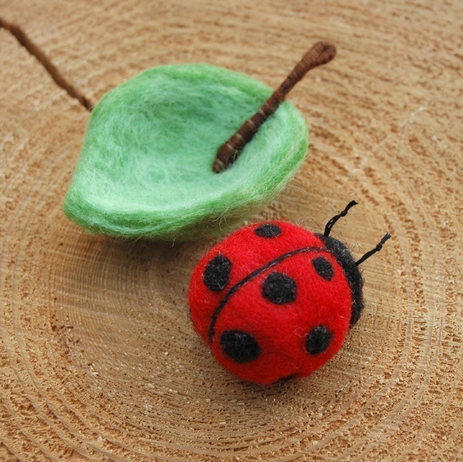 Ladybug in a Leaf Bowl - Needle Felted Natural Toy or Decor