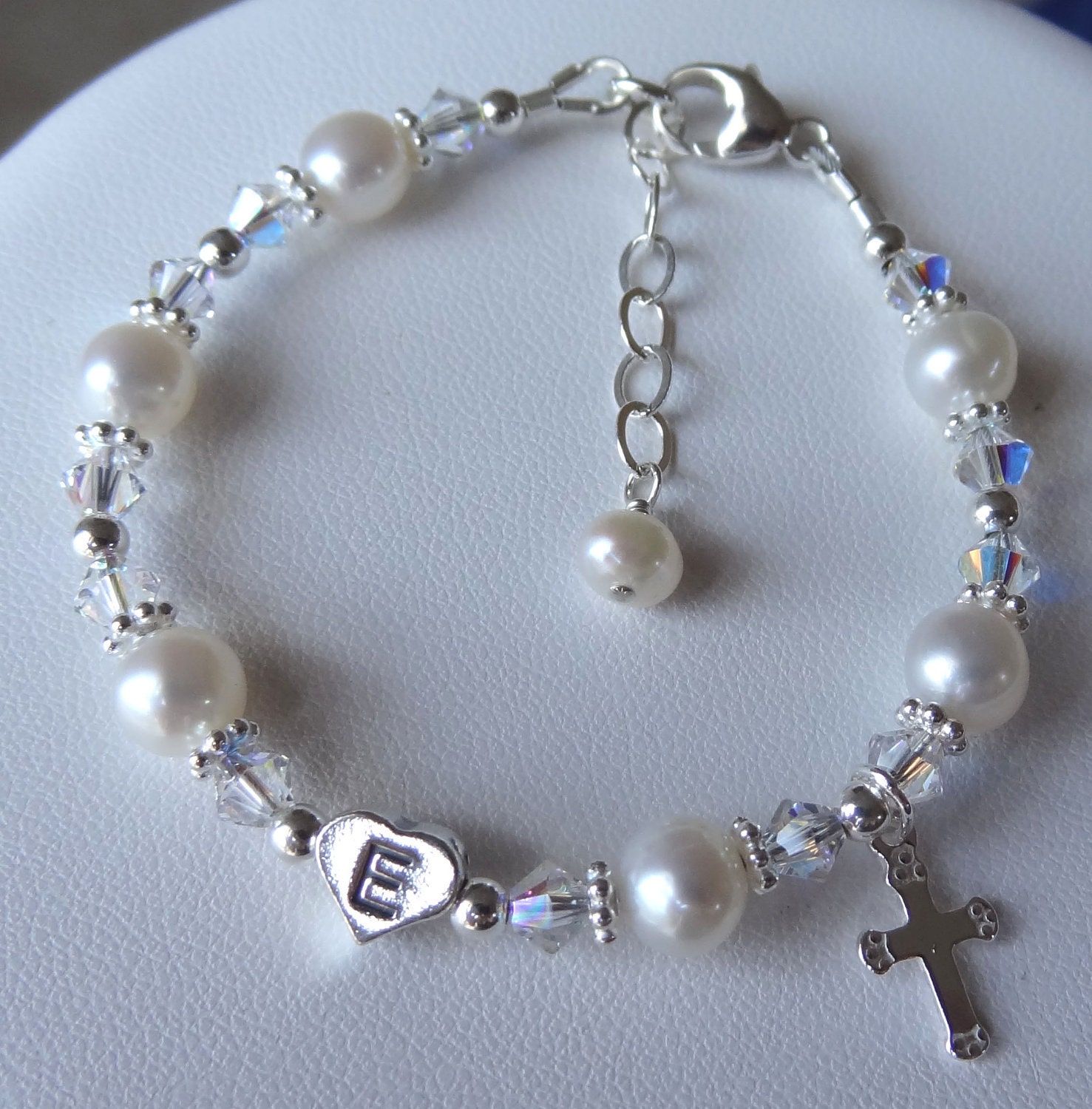 Baptism  Initial Heart and Cross  Freshwater  Pearl Children Bracelet, First Communion, Confirmation