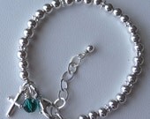 Solid Sterling Silver Tiffany Style Cross and Birthstone Children Bracelet
