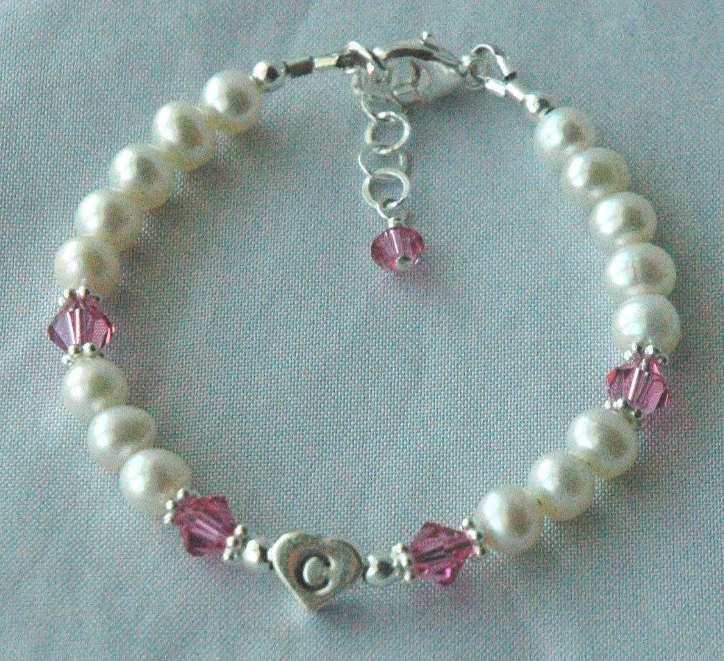 Sterling Silver Initial Heart  Freshwater Pearl with Swarovski Crystal Children Bracelet