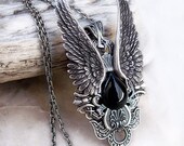 Silver Angel Wing Necklace Black Onyx Womens Mens Gothic Jewelry