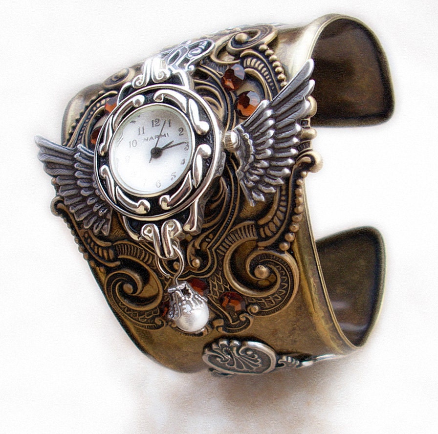 Steampunk Watch Cuff in Brass and Silver Mens Womens Steampunk Jewelry - Aranwen