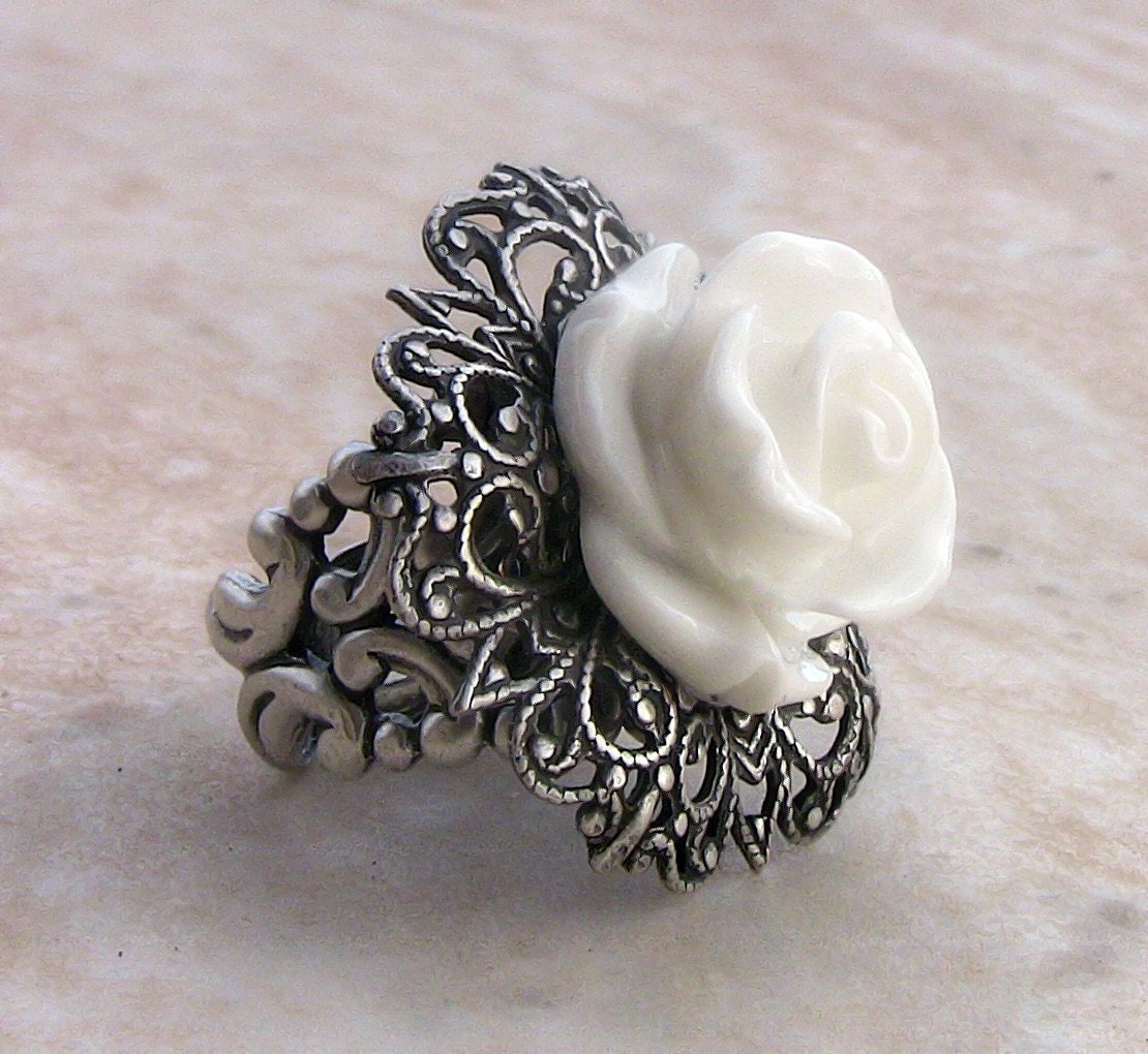 White Rose Ring Adjustable Silver Filigree Ring Gothic Jewelry
