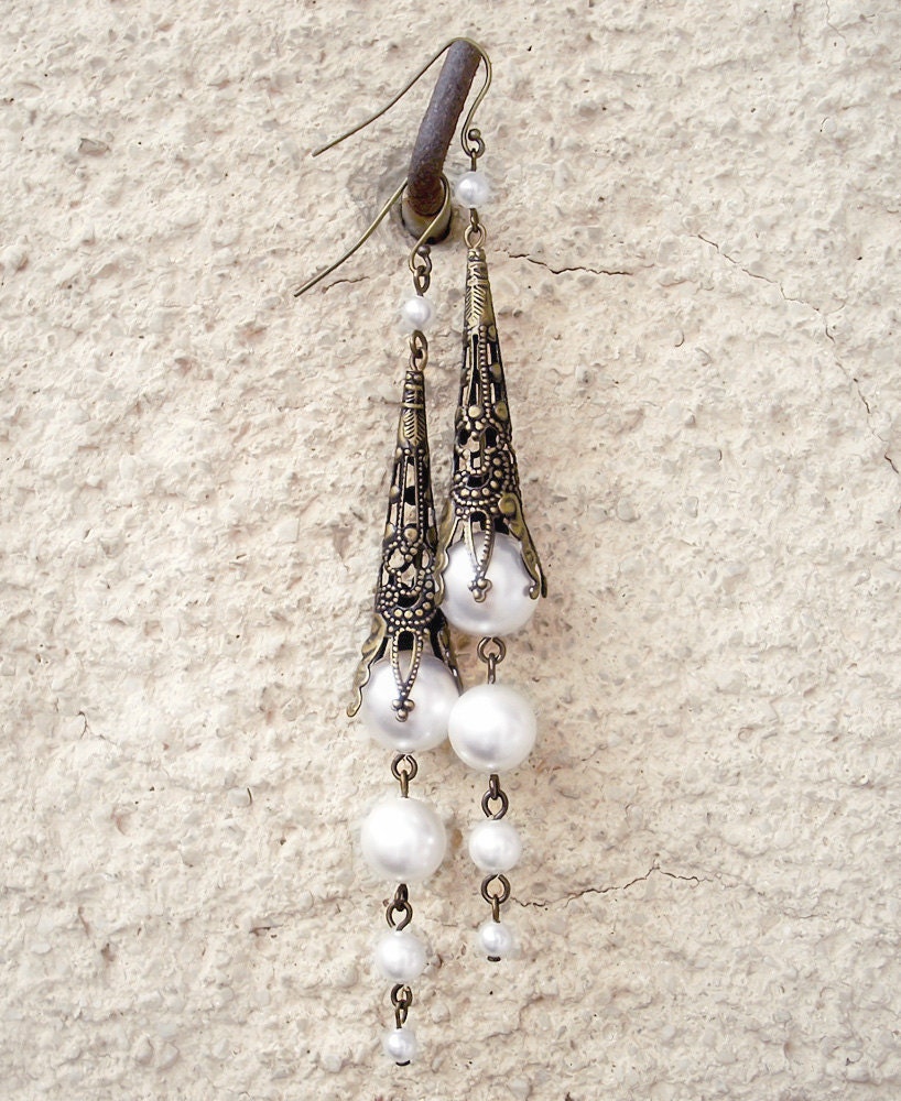White Pearl Earrings Long Dangle Brass Filigree Swarovski Victorian Jewelry