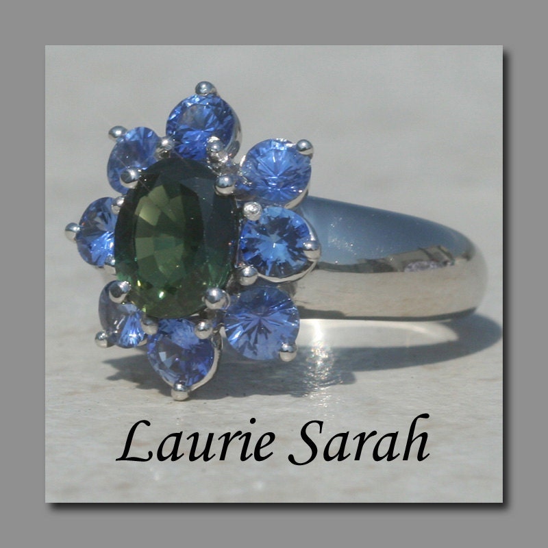 Green Sapphire and Blue Sapphire Flower Ring in Platinum - LS1654