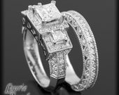 3 Stone Diamond Engagement Ring and Wedding Set with Princess-Cut Diamonds - LS741