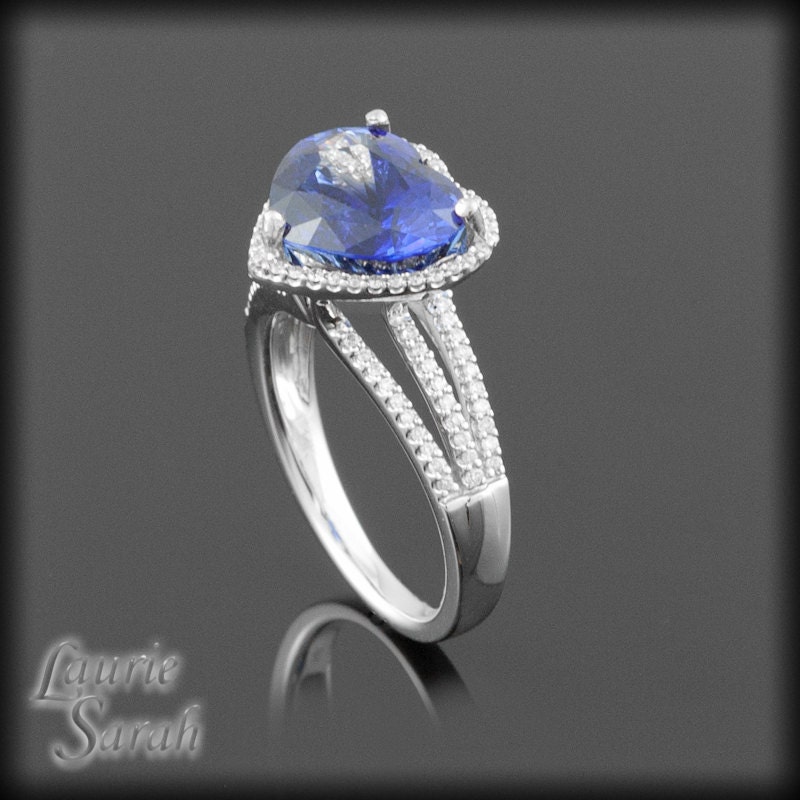 Ceylon Sapphire Heart Ring with Diamond Halo and Triple Shank - LS1402