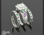 Lilac Flower Inspired Princess Cut Diamond Three Ring Wedding Set with Purple Sapphires, Emeralds and Amethysts - LS2115