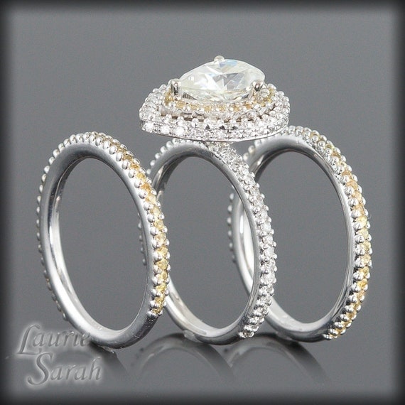 Pear Shaped Moissanite Engagement Ring Wedding Set with Yellow Sapphires & Diamonds - LS1515