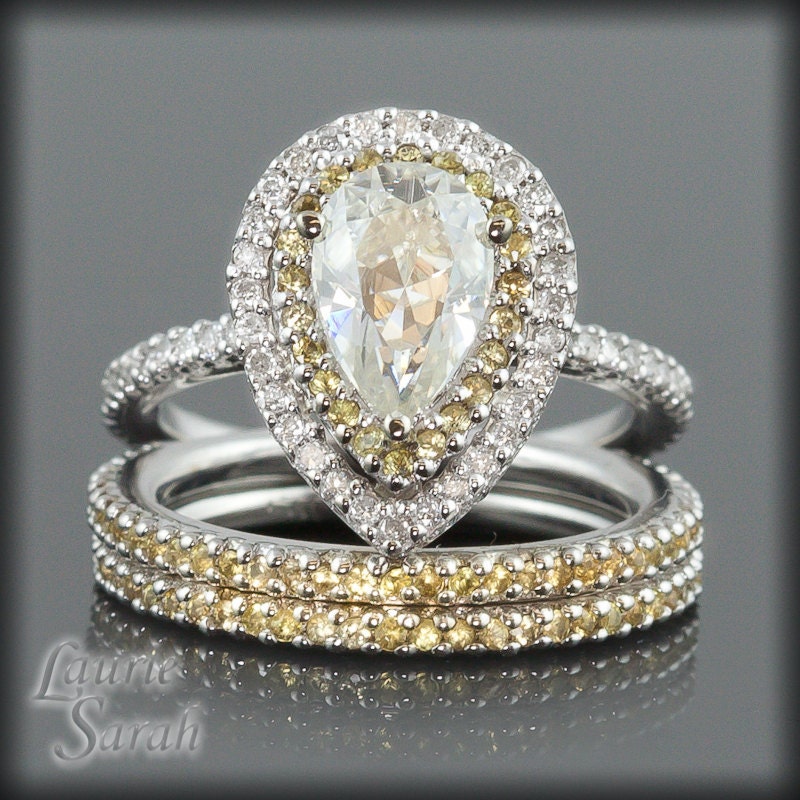 Pear Shaped Moissanite Engagement Ring Wedding Set with Yellow Sapphires & Diamonds - LS1515