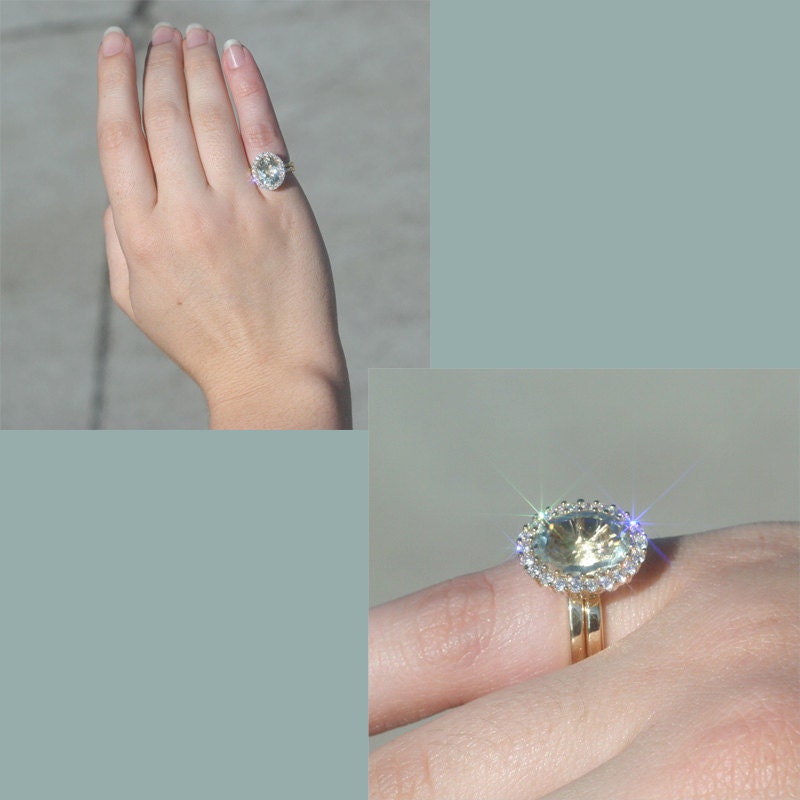 Oval Flush Mount Prasiolite Wedding Set with Diamond Halo and Gold Wedding Band - LS1769