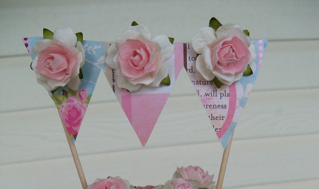 Shabby Chic Cupcake Banners Set of Six for Birthday party or Mother's Day