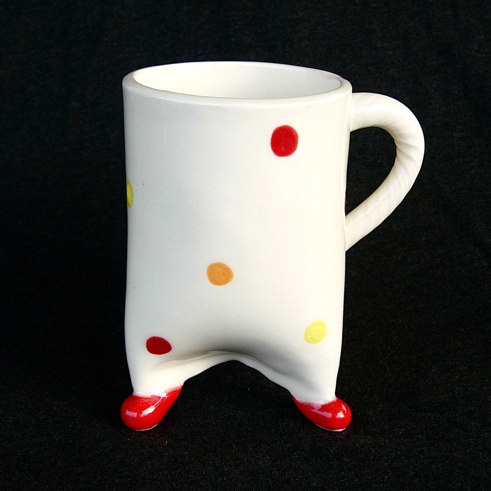 Red Orange Yellow Polka Dot Clown Ceramic Pottery Coffee Mug