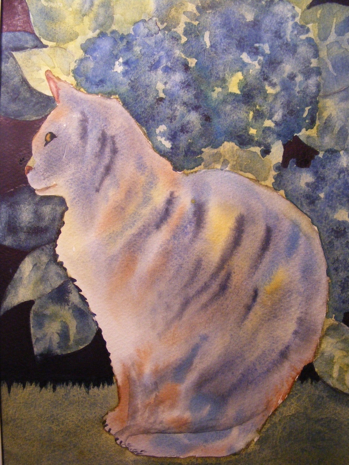 Annie and the Hydrangeas-Original Watercolor of Cat