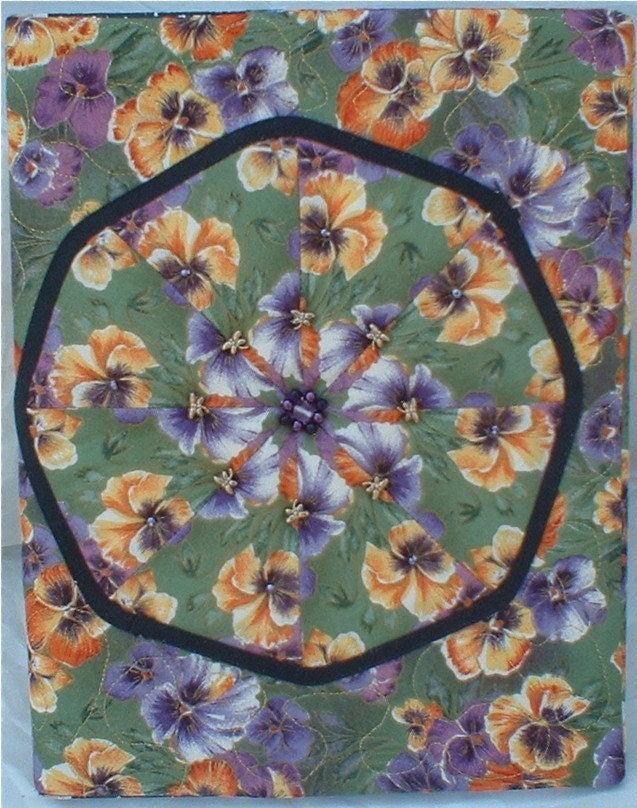 Journal Cover Reusable Quilted Beaded Pansies with Dragonfly