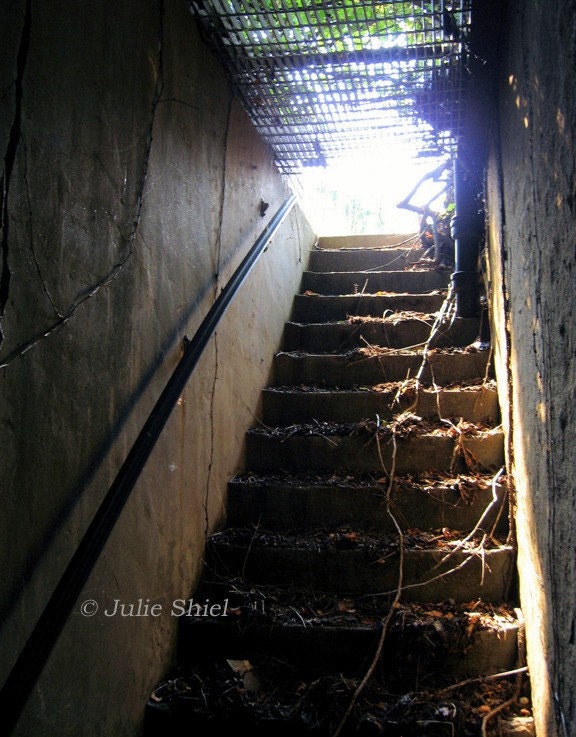 Escape 5x7 Stairs, Dark into Light, Abandoned Urbex art photography, shadows, Brown, green, cage, claustrophobic, Home Wall Decor - xenya