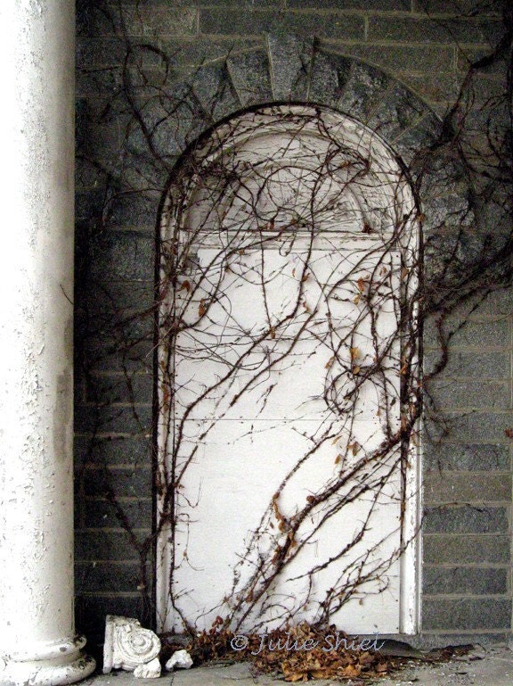 Secret Password 8x10 Abandoned Urban Exploration photography, Hidden Tolkien arched stone door home office decor, white, gray, vines