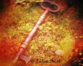 Skeleton Key in moss, Dreamy Bronze antique skeleton key, magic fantasy woodland Glitter bokeh green red gold orange Home Wall Decor