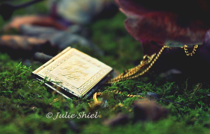 The Locket, Antique gold locket on chain on forest floor, Moss, Autumn leaves, Burgundy, Green, Purple, Blue Woodland Home Office Decor
