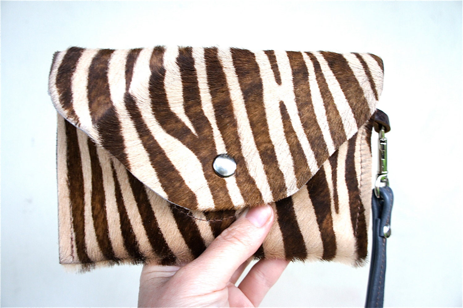 Mini-Leather Envelope in Zebra Print Pony Hair with Removable Wrist Strap