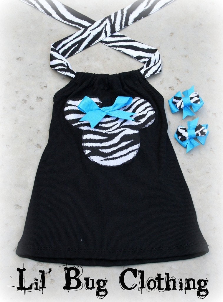 Custom Boutique Aqua Minnie Mouse Halter Top with 1 pair of Bows 12 18 24 2t 3t 4t 5t 6 7 8