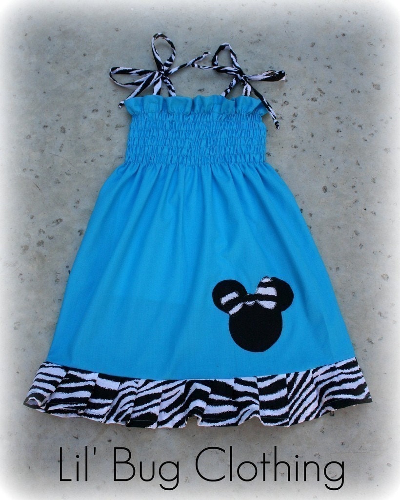 Custom Boutique Aqua Smocked Minnie Zebra Dress size 12 18 24 2t 3t 4t 5t 6 7 girl