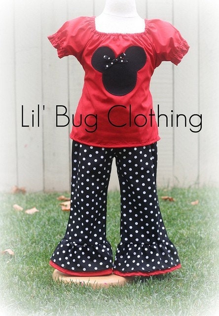 Custom Boutique Red Black Polka Dot  Minnie Mouse peasant pant set size 12 18 24 2t 3t 4t 5t 6