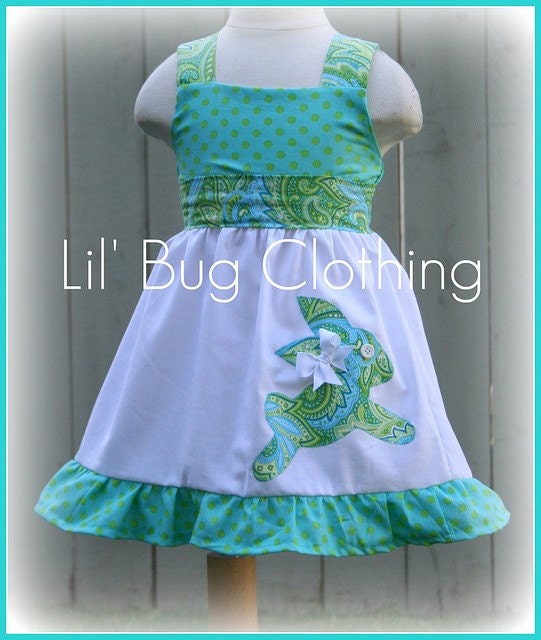Custom Boutique Clothing Easter Bunny Pastel Lime and Green Dot Paisly Jumper Dress