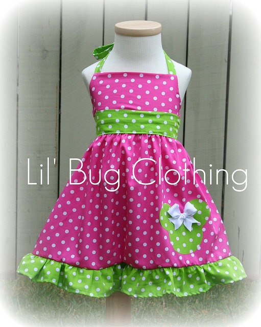 Custom Boutique Clothing Lime and Pink Dot  Minnie Mouse Halter Dress Disney Pink