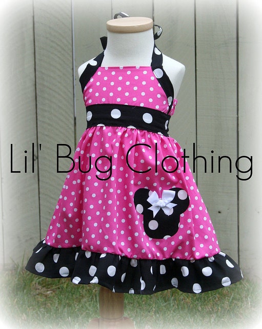 Custom Boutique Clothing Black White Hot Pink  Dot Minnie Mouse Halter Dress