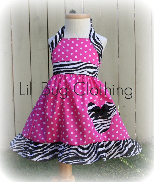 Custom Boutique Clothing Pink Polka Dot and  Zebra  Minnie Mouse Halter Dress