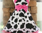 Custom Boutique Country Cowgirl  Cow Pink Dots Western Jumper Dress Halter Style